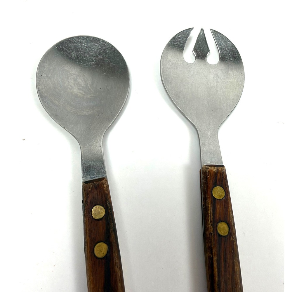 Mid‑Century Modern Stainless Japan Salad Serving Set – Wood Handles – 12.75"